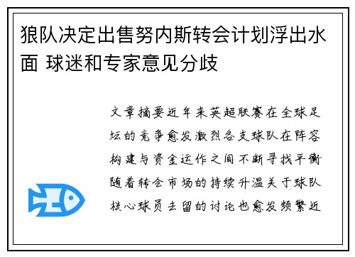 狼队决定出售努内斯转会计划浮出水面 球迷和专家意见分歧