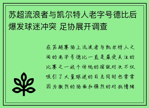 苏超流浪者与凯尔特人老字号德比后爆发球迷冲突 足协展开调查